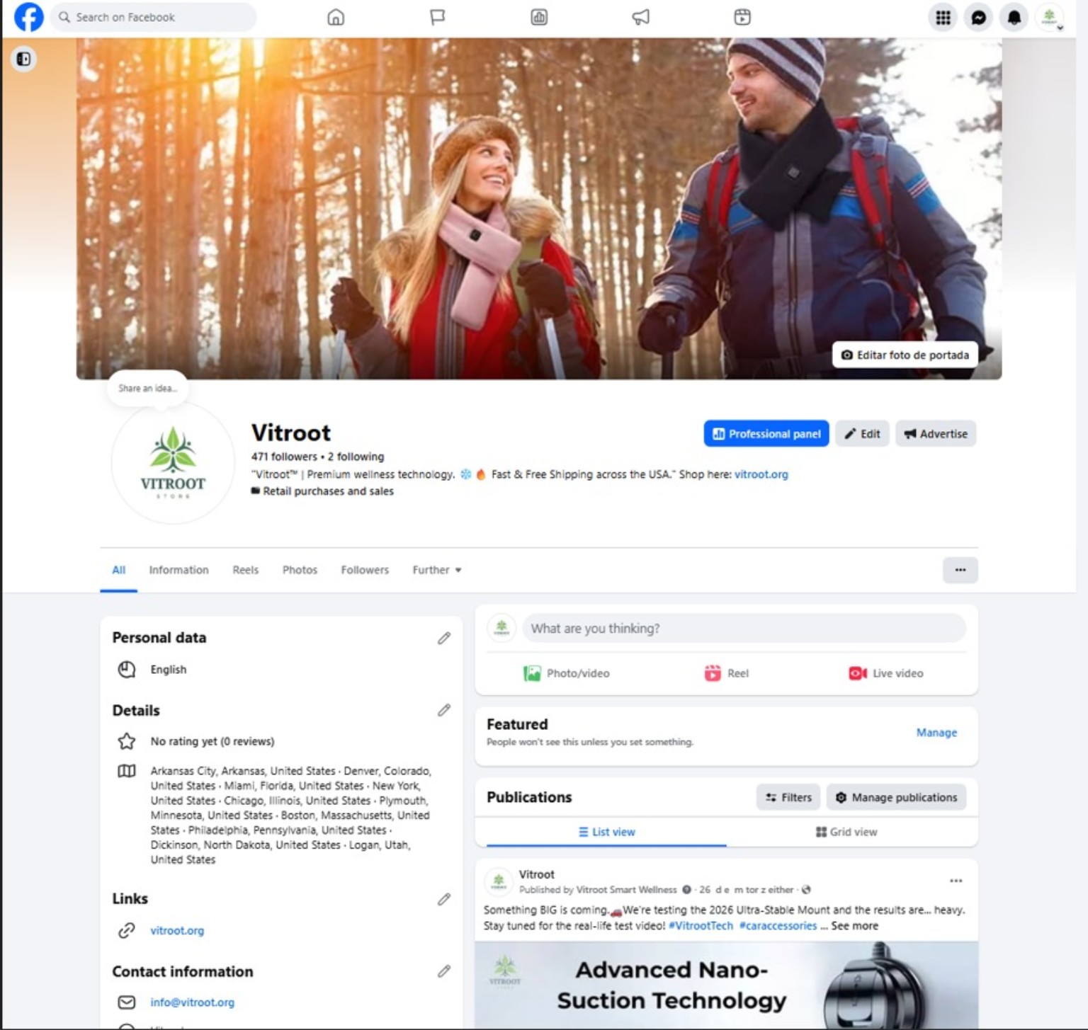 VITROOT Facebook business page with coordinated branding