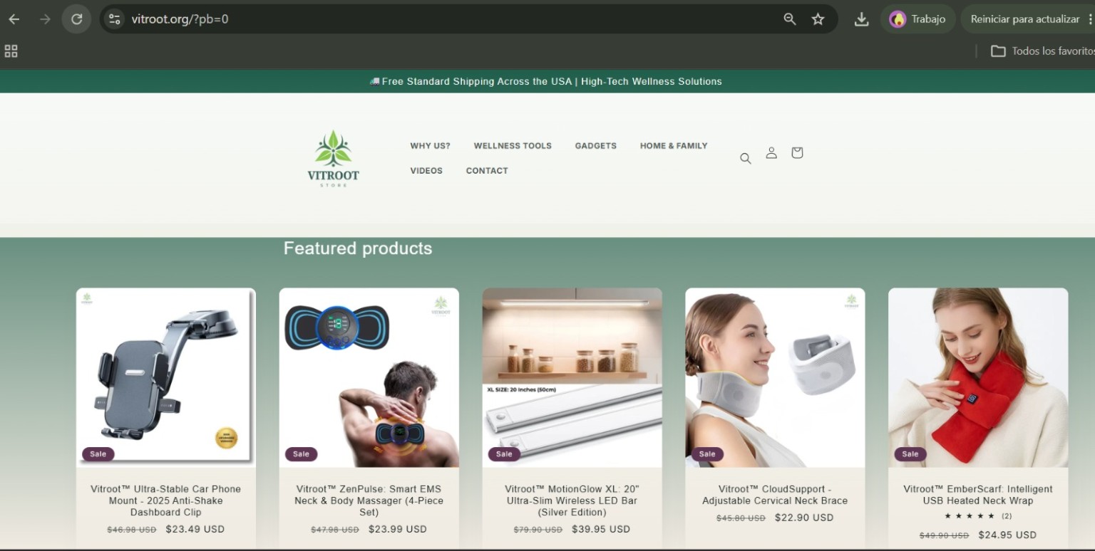 VITROOT website homepage showing five organized featured products
