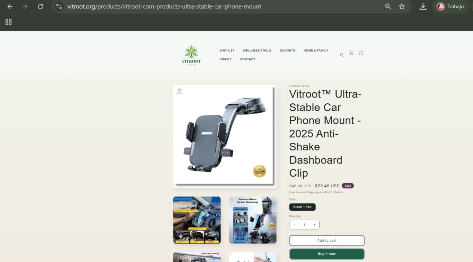 VITROOT product page with branded imagery and organized purchase information